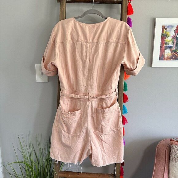 Madewell Top Stitch Coverall Romper 12 Pink Peach Chore Utility Cut Offs Casual - Picture 4 of 7